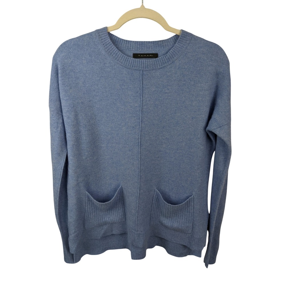 Tahari Pure Luxe 100% Cashmere Blue Crewneck Pocket Sweater Womens Small